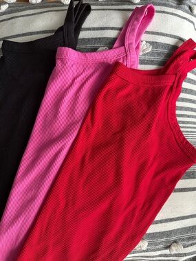 Ribbed Tank Tops Trio - Black, Hot Pink, Red